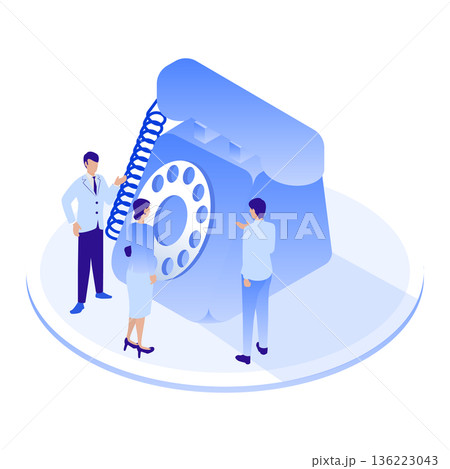 巨大なダイヤル式電話とビジネスチームのイラスト（アイソメトリック） 136223043