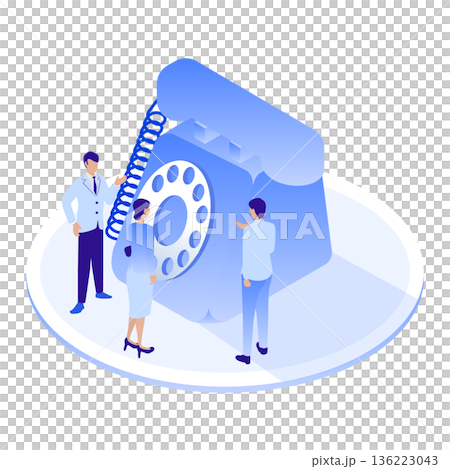 巨大なダイヤル式電話とビジネスチームのイラスト（アイソメトリック） 136223043