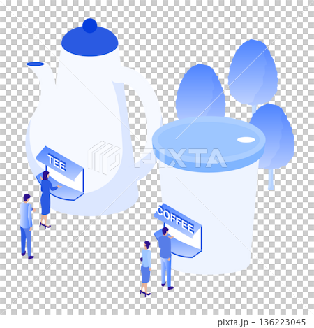 Isometric illustration of a giant coffee cup and tea server Isometric illustration of a giant coffee cup and tea server 136223045