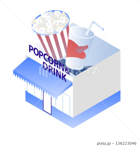 アイソメトリックなポップコーン＆ドリンク販売店のイラスト（映画館・売店） 136223046