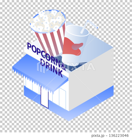 アイソメトリックなポップコーン＆ドリンク販売店のイラスト（映画館・売店） 136223046