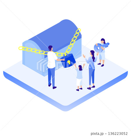 アイソメトリックな宝箱と鍵を持つ人々（謎解き・脱出ゲーム・解決） 136223052