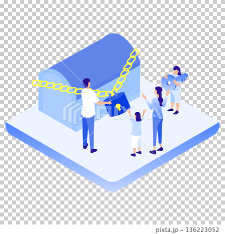 アイソメトリックな宝箱と鍵を持つ人々（謎解き・脱出ゲーム・解決） 136223052