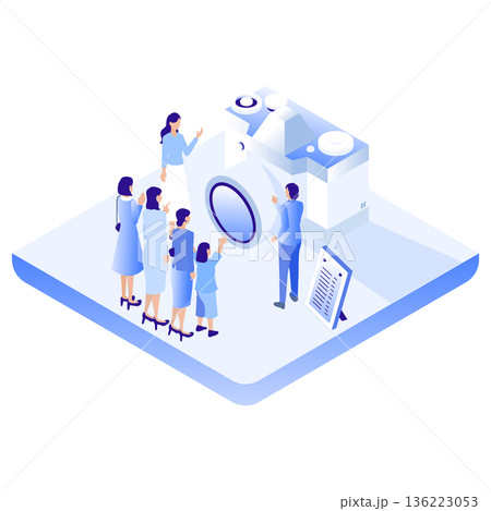 巨大なカメラと記念撮影をする人々のアイソメトリックイラスト 136223053