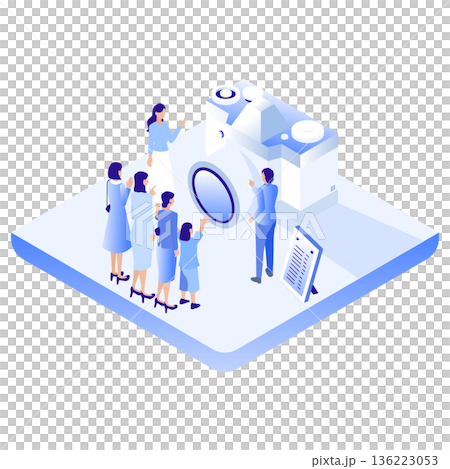 巨大なカメラと記念撮影をする人々のアイソメトリックイラスト 136223053