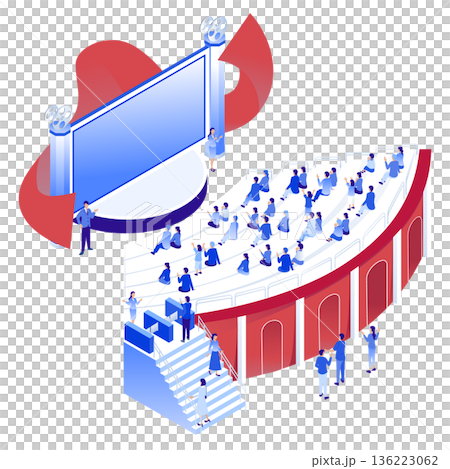 等距視角電影院/劇場插圖（觀眾席和巨幕） 136223062