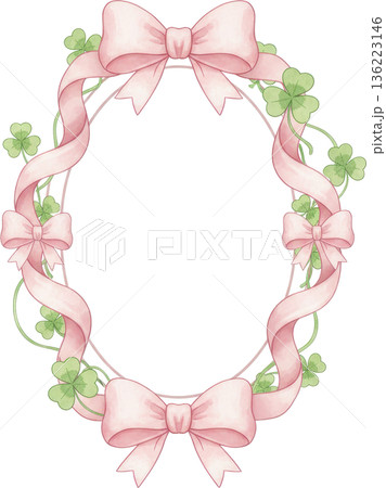 Decorative oval frame with pink ribbons and...のイラスト素材 [136223146] - PIXTA