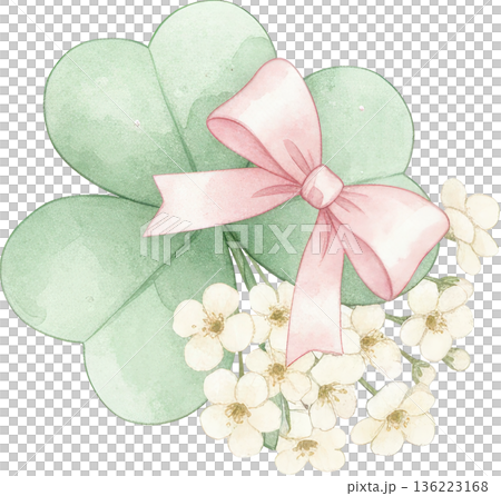Watercolor of a green four leaf clover with a pink bow and white blossoms 136223168