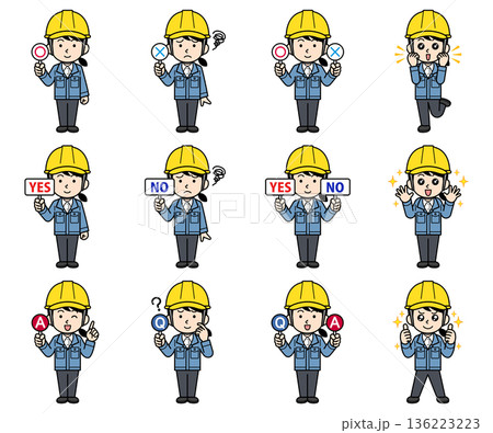 ヘルメットをかぶった現場監督の女性イラストセット 136223223