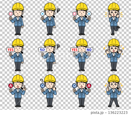 ヘルメットをかぶった現場監督の女性イラストセット 136223223