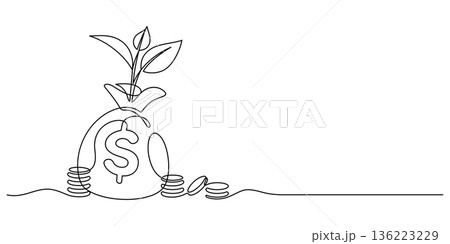 money bag fund coins stack one line drawing continuous 136223229