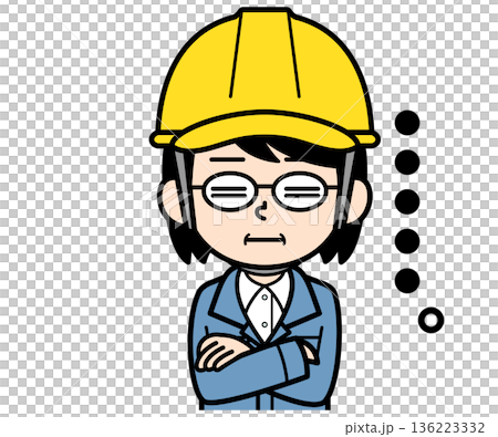呆れているヘルメットをかぶった現場監督の中年女性 136223332