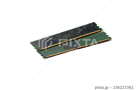 Computer RAM memory sticks on white background, hardware component for data processing and system performance Computer RAM memory sticks on white background, hardware component for data processing and system performance 136223362