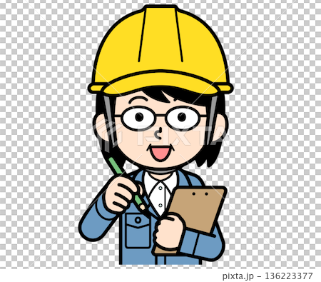 メモするヘルメットをかぶった現場監督の中年女性 136223377