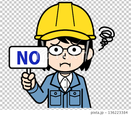 NOの札を持つヘルメットをかぶった現場監督の中年女性 136223384