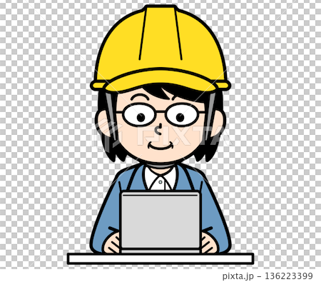 A middle-aged female site supervisor wearing a helmet using a laptop 136223399