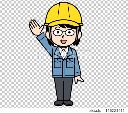 A middle-aged woman on a construction site wearing a helmet raising her hand A middle-aged woman on a construction site wearing a helmet raising her hand 136223411