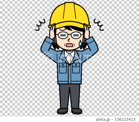 A middle-aged female site supervisor wearing a helmet who is shocked A middle-aged female site supervisor wearing a helmet who is shocked 136223423