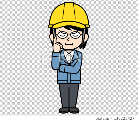 一位戴著安全帽的中年女工頭正在沉思 一位戴著安全帽的中年女工頭正在沉思 136223427