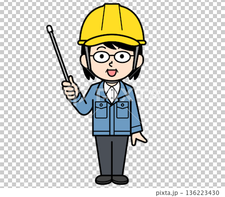 A middle-aged woman on-site supervisor wearing a helmet holding a pointer A middle-aged woman on-site supervisor wearing a helmet holding a pointer 136223430