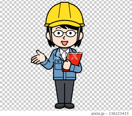 A middle-aged woman wearing a helmet and explaining a file A middle-aged woman wearing a helmet and explaining a file 136223433