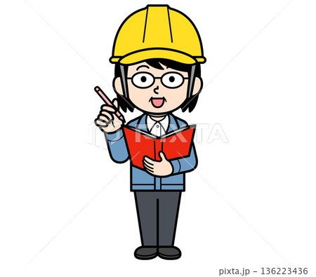 ファイルにメモするヘルメットをかぶった現場監督の中年女性 136223436