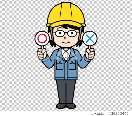 A middle-aged woman on a construction site wearing a helmet holding a rounded sign A middle-aged woman on a construction site wearing a helmet holding a rounded sign 136223442