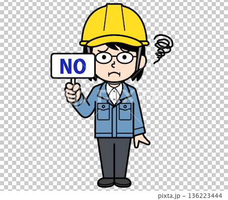 NOの札を持つヘルメットをかぶった現場監督の中年女性 136223444