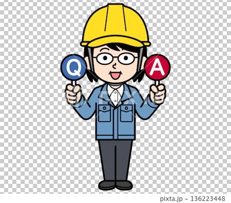 A middle-aged woman on a construction site wearing a helmet holding a Q&A sign 136223448
