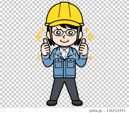 A middle-aged woman on a construction site wearing a helmet who is very satisfied 136223455