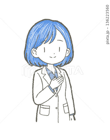 片手を胸に添えて案内する白衣姿の医療関係者の女性の手書きイラスト素材 136223560