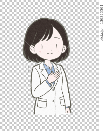 片手を胸に添えて案内する白衣姿の医療関係者の女性の手書きイラスト素材 136223561