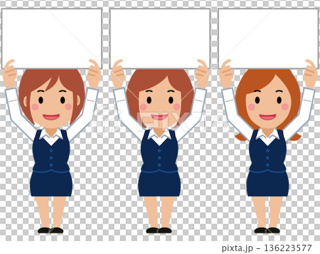 A young woman in navy office wear holding up a board 136223577