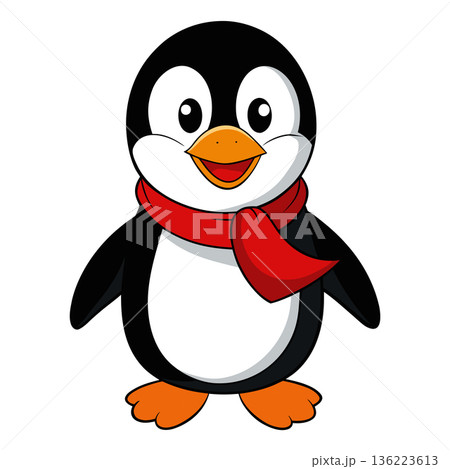 Adorable Cartoon Penguin with Red Scarf Standing on White Background Adorable Cartoon Penguin with Red Scarf Standing on White Background 136223613