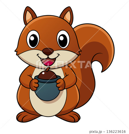 Adorable Cartoon Squirrel Holding an Acorn Isolated on White Background Adorable Cartoon Squirrel Holding an Acorn Isolated on White Background 136223616