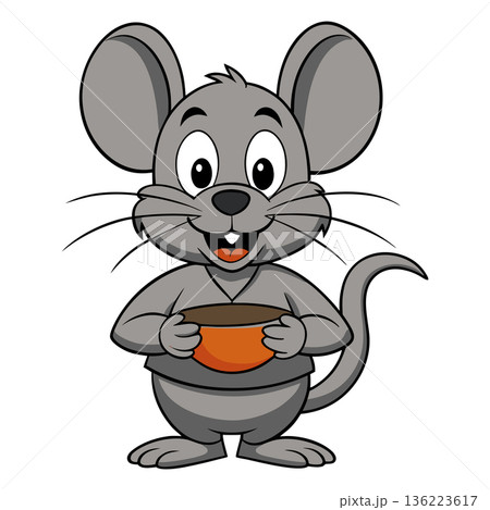 Adorable gray mouse cartoon character holding a bowl and smiling broadly 136223617