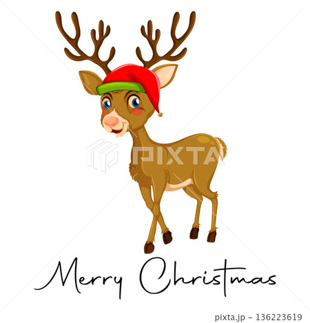 Adorable Reindeer Cartoon Character Wearing Christmas Hat with Festive Holiday Greetings 136223619