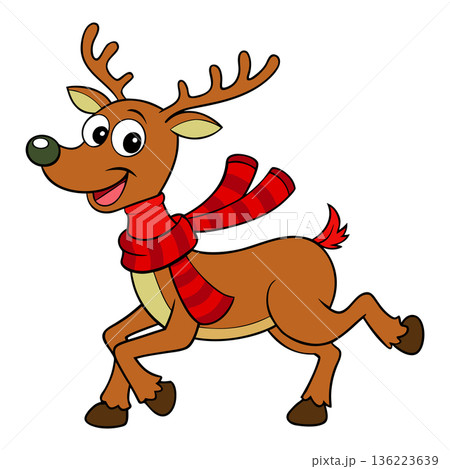 Cartoon Reindeer with Scarf Running Merrily Through the Snow 136223639