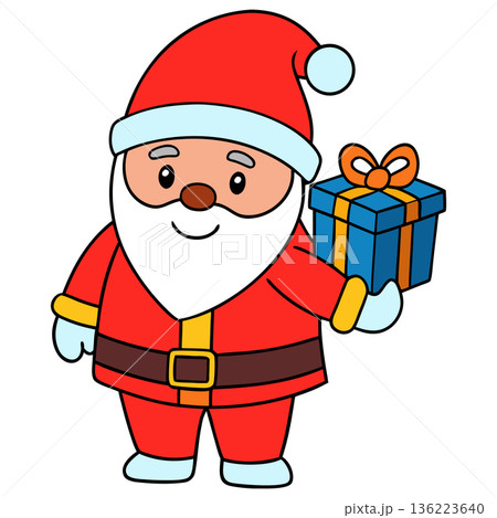 Cartoon Santa Claus Illustration Holding a Wrapped Present with a Bow Cartoon Santa Claus Illustration Holding a Wrapped Present with a Bow 136223640