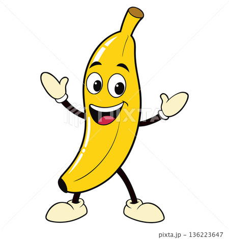 Cheerful Banana Cartoon Character Smiling with Open Arms and Legs Stance 136223647