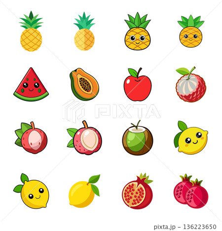 Cheerful Cartoon Fruit Collection Pineapple Watermelon Apple Pomegranate and More Cheerful Cartoon Fruit Collection Pineapple Watermelon Apple Pomegranate and More 136223650