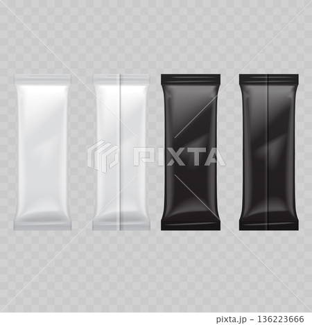 Realistic White and Black Stick Pack Mockup Set. Vector Foil Sachet Template with Front and Back View. Realistic White and Black Stick Pack Mockup Set. Vector Foil Sachet Template with Front and Back View. 136223666
