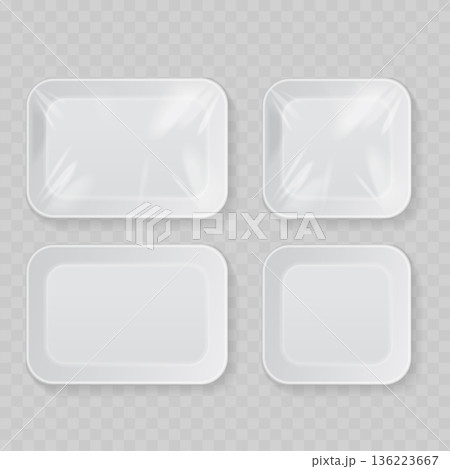 Realistic White Styrofoam Food Tray Set. Vector Rectangular and Square Containers with Plastic Wrap. 136223667