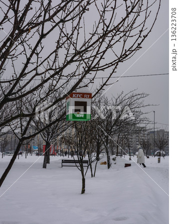 Lviv Ukraine 01.15.26 Suspended food box hangs from tree branches in snowy park 136223708