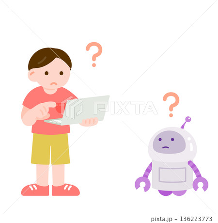 うまく動かないロボットと困っている子供　プログラミング学習 136223773