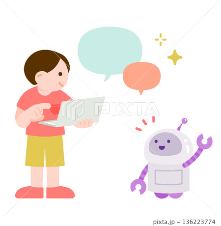 AIロボットとコミュニケーションを楽しむノートパソコンを持った子供 136223774