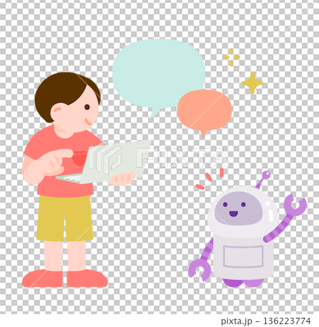 AIロボットとコミュニケーションを楽しむノートパソコンを持った子供 136223774