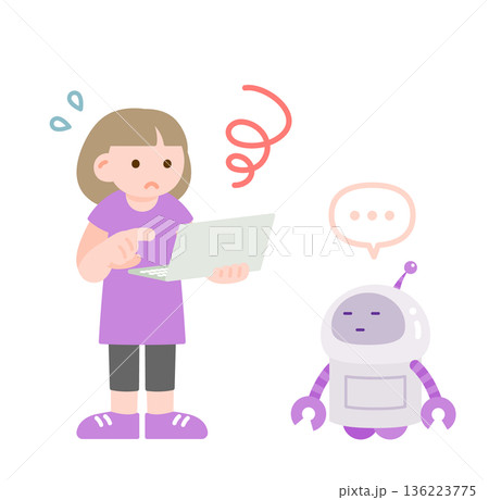 プログラミングで悩む子供と無反応のAIロボット 136223775