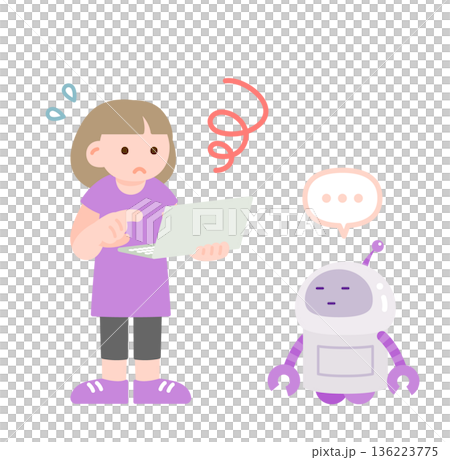 プログラミングで悩む子供と無反応のAIロボット 136223775