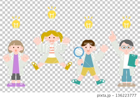 驚きの発見をする白衣を着た子供たち 136223777